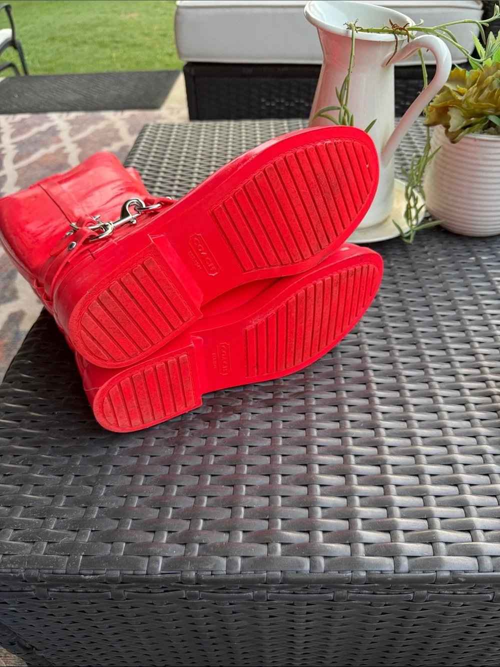 Coach rain Boots coral Red Knee-High with Chain Accent size 8 w/tags